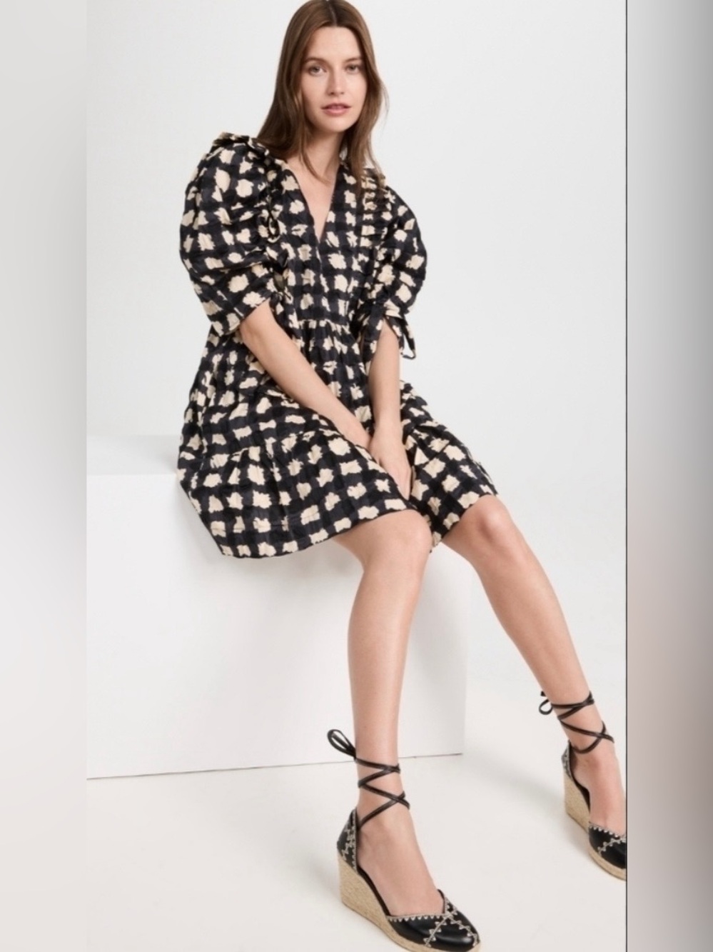 Sea NY Ginger Gingham Puff Sleeve Mini Dress Sz M - Picture 4 of 8